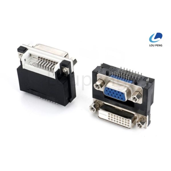 DVI 24+0pin female white + 15pin female D-SUB Connector blue combination, tightened with 4.8 screws, 90 Degree