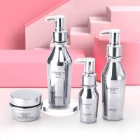 50 g/50 ml/120 ml Flasca de vidro Placa prateada/ preta com bomba prateada/ branca/ tampa Para embalagem de cosméticos vazios