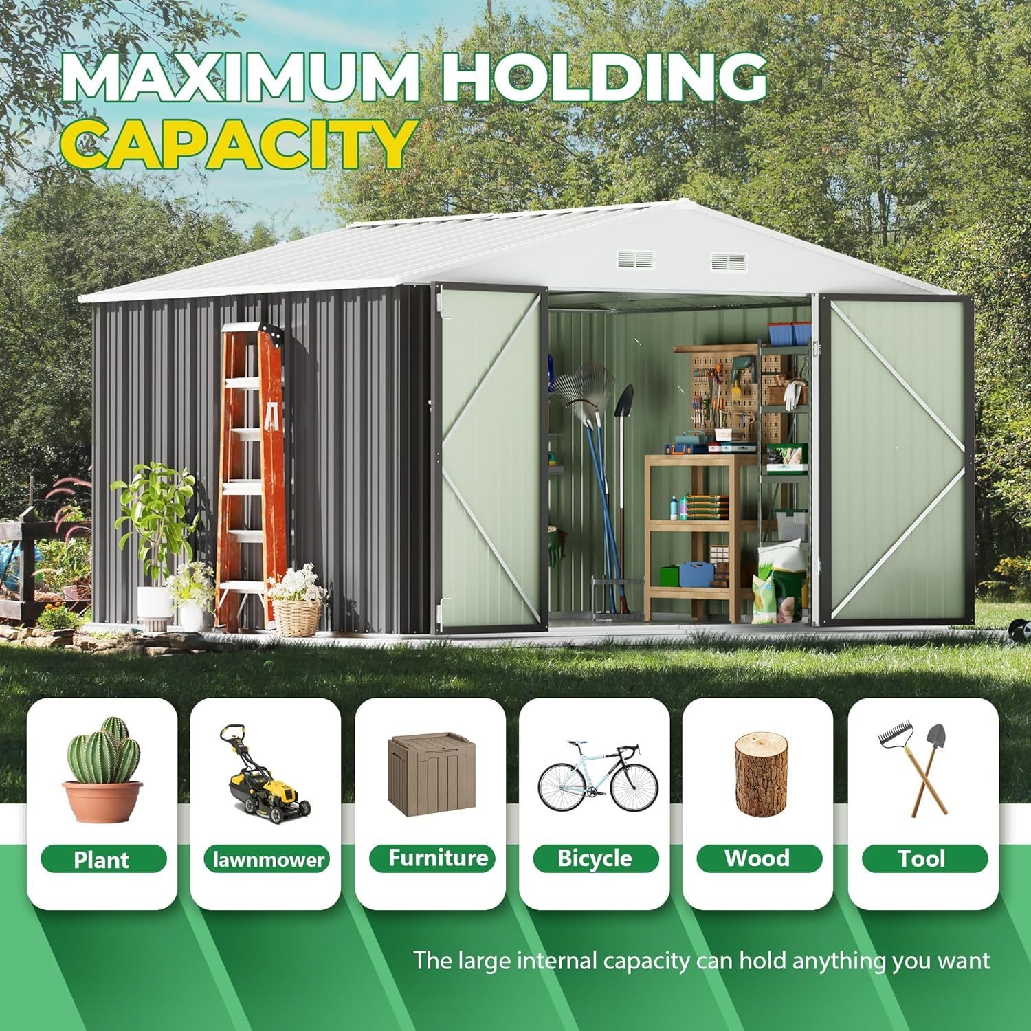 Outdoor Storage Tools Shed Large Size 8x10FT Metal House with 66.5 Height Steel Doors