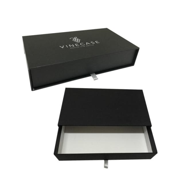Custom matte black cardboard jewelry package drawer gift box with silver stamped logo