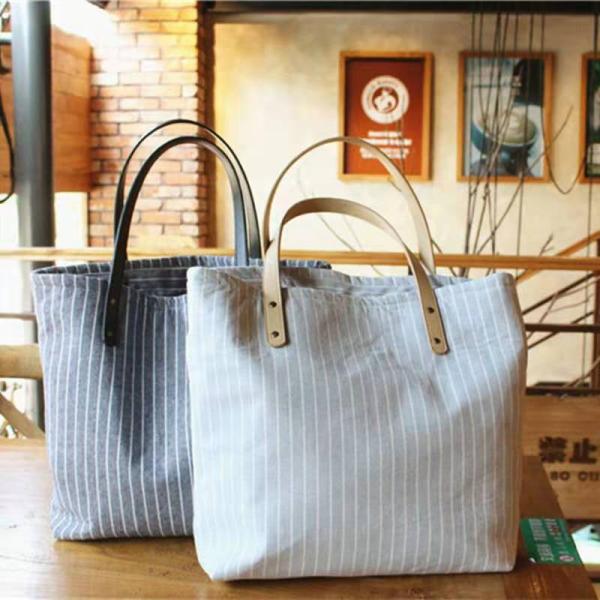 Striped Organic Cotton Canvas Tote Bag Fashion With Leather Handle