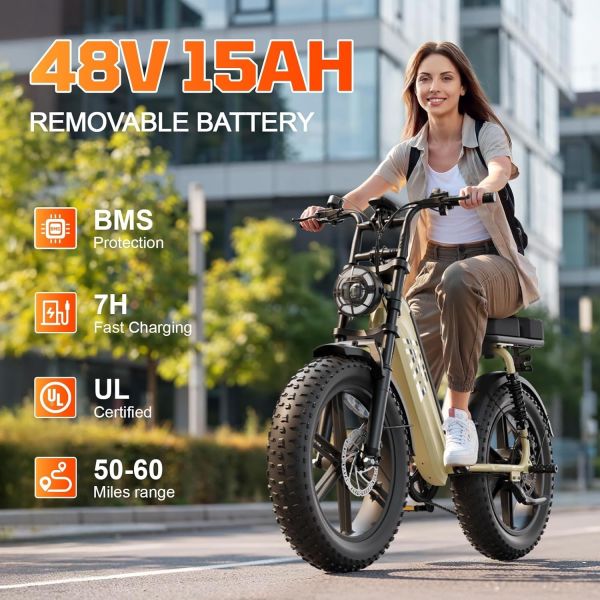 TST Carbon Steel Frame Electric Bike for Adults 250W for Rear Hub Motor 60 Miles Fat Tire Yellow