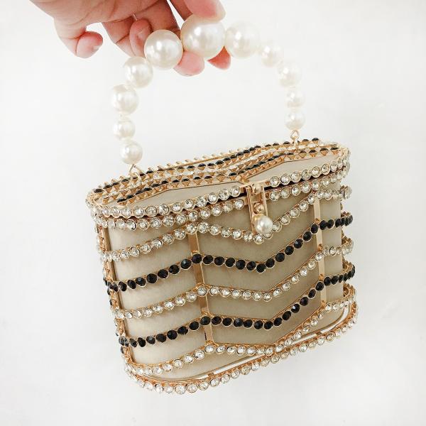 Flat Bucket Shape Pearl Hand Bags Red Fabric Inlaid Diamond OEM ODM