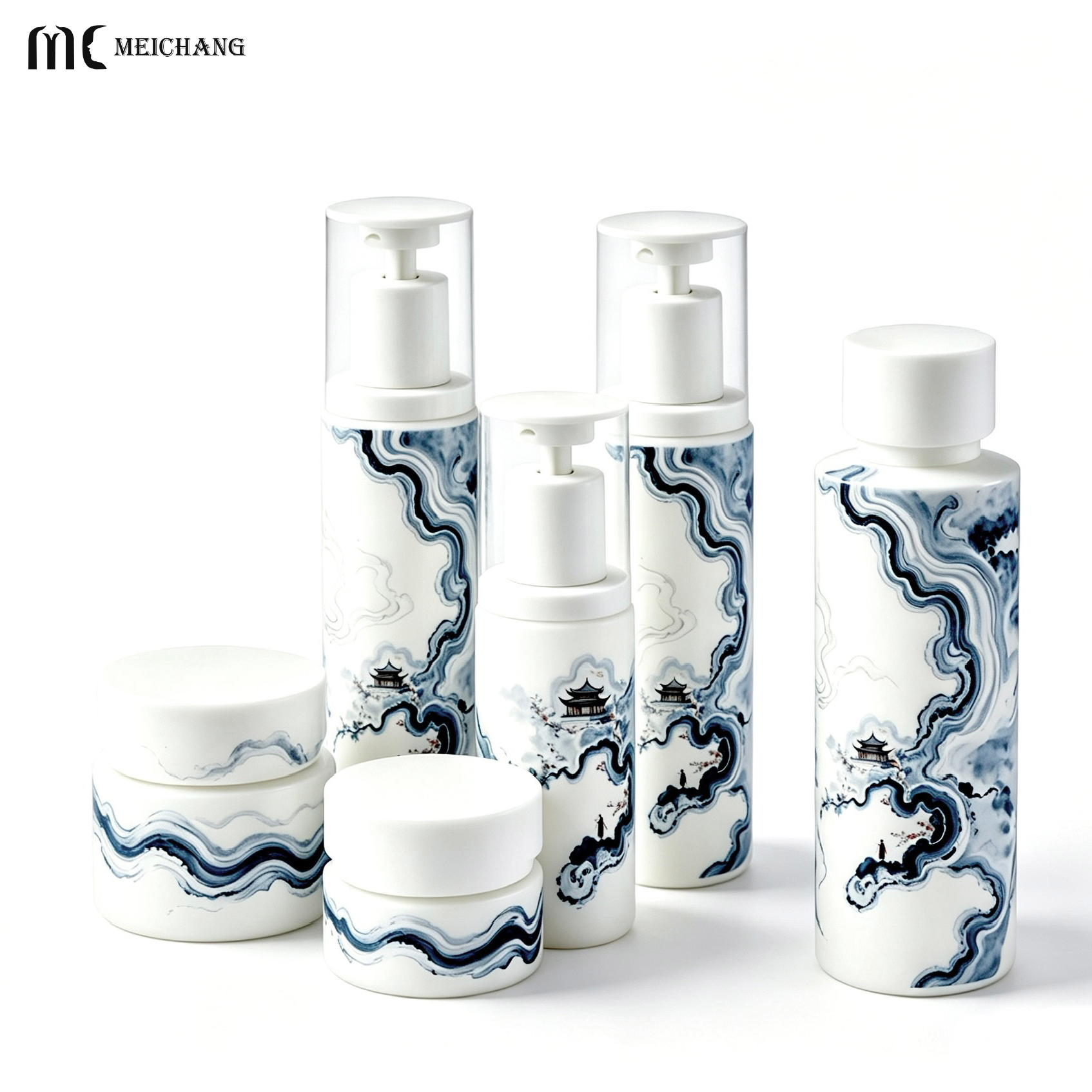 Blue & White Oriental Design Light-Blocking Glass Skincare Bottle with UV Protection Coating and Customizable Decoration