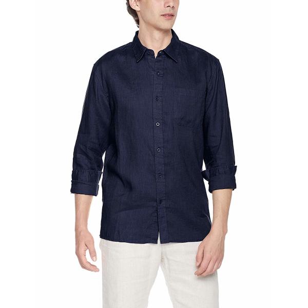 Blue Curved Hem Business Casual Linen Shirt Long Sleeve Collared Shirt