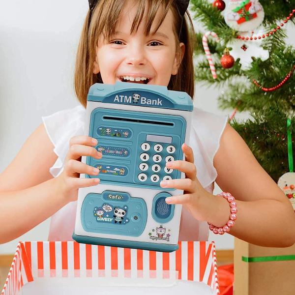 kids educational financial customs atm password piggy bank blue color mini electronic safe