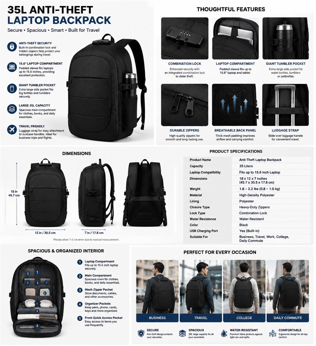 35L Anti Theft Laptop Backpack for Travel, 15.6 Inch Business Backpack with Lock, Large Tumbler Holder Pocket, USB Charging Port & Organizer