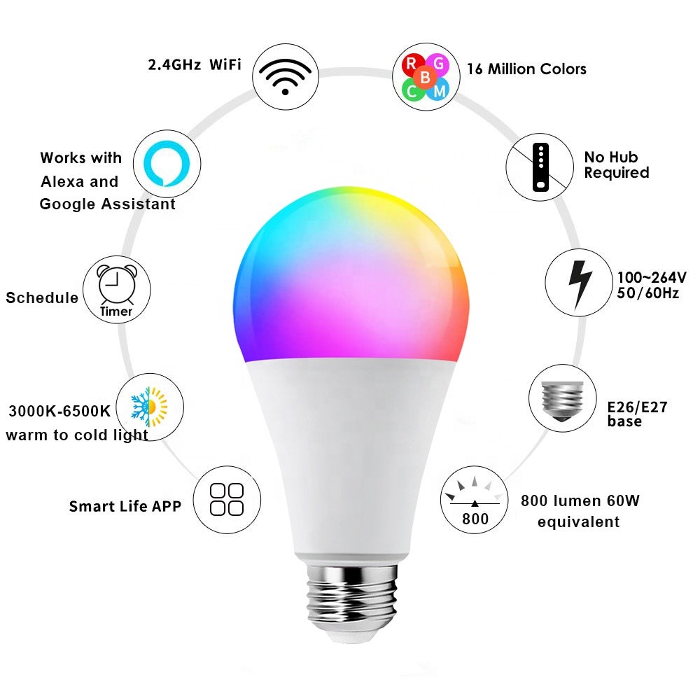 Шарики СИД 100LM/W 5W 7W 9W 12W E27 E26 B22 умные Wifi красят изменяя FCC CE ROHS
