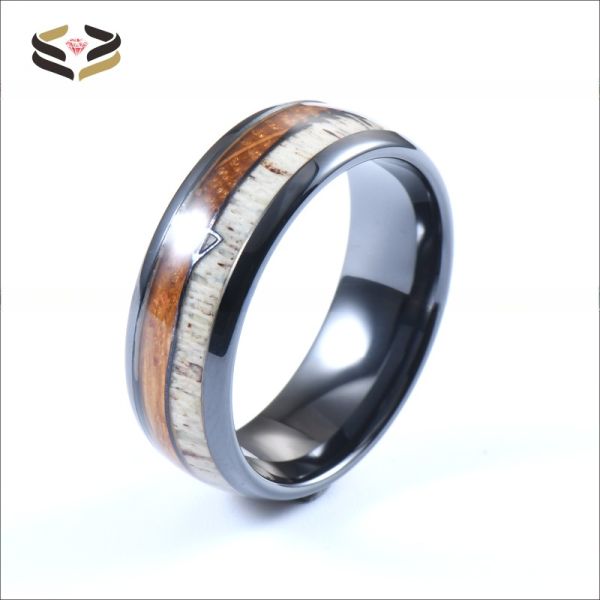 Men Tungsten Carbide Wedding Ring with Antler Black Arrow Whiskey Barrel Wood Inlay
