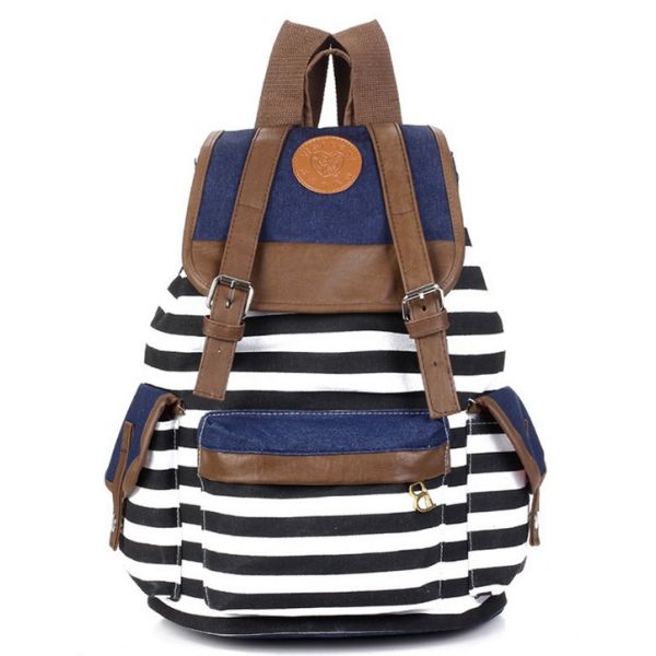 Male and female striped canvas shoulder bag student backpack bags withdraw
