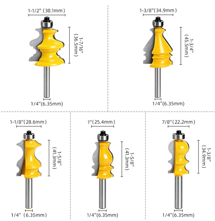 YingBa 5pcs Set 1/4 Shank High-Yingness Alloy Milling Cutter for Multi-Layered Fancy Edge Lines CNC Router Bit