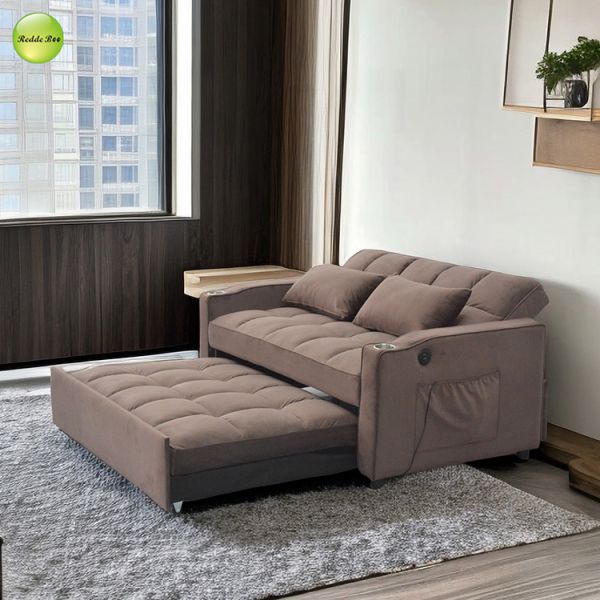 Elegant Velvet Fabric Sofa Bed with USB Charger & Cup Holder 2 Seater Living Room Sofa Convertible Sleeping Pull Out Sofa Bed
