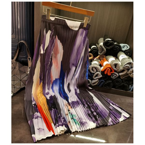 Women's Retro Style Summer Half Skirt New Casual Elastic Waist Pleated Mid-Length Design Oil Painting Contrasting Detail