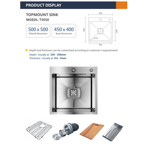 Topmount Stainless Steel Kitchen Sink Cabinet Single Bowl 18 Gauge 50x50