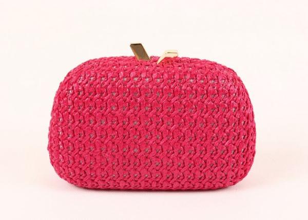 Fuschia Natural  Women Evening Clutch Bags Woven Pattern Hard Case With Long Chain