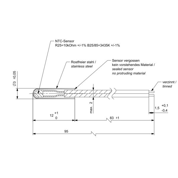 3x12mm Stainless Steel Probe NTC Thermistor Sensor 10K OHM 3435K 1%