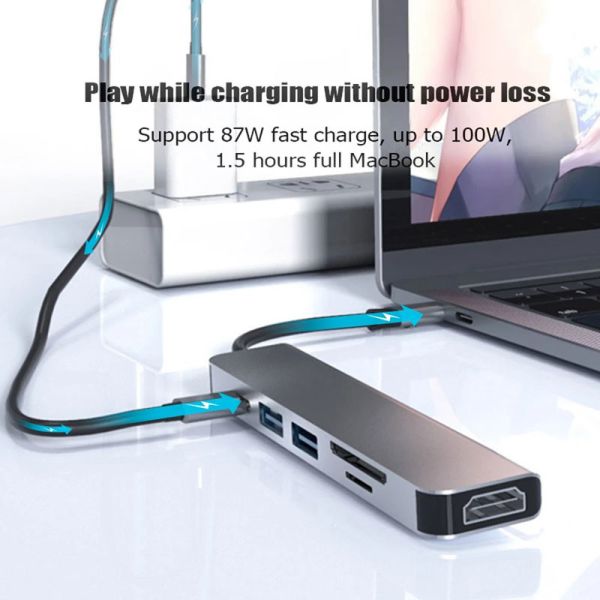 6 Port Multi Type C Hub Hdmi USB 3.0 PD TF SD Docking Station