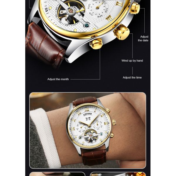 KINYUED Business Power Reserve Automatic Movement Luxury Watches For Men Automatic Skeleton Watch