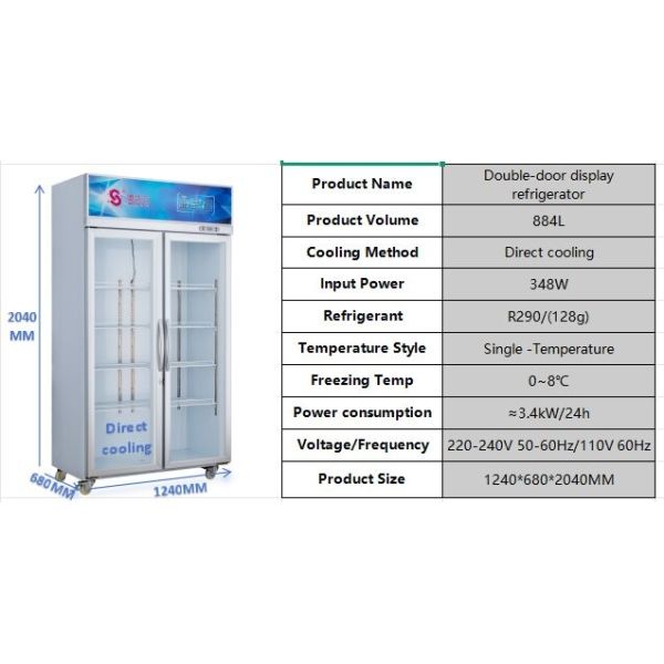 Facile à nettoyer 884L Commercial Display réfrigérateur fraîcheur de conservation refroidisseur en verre à double porte