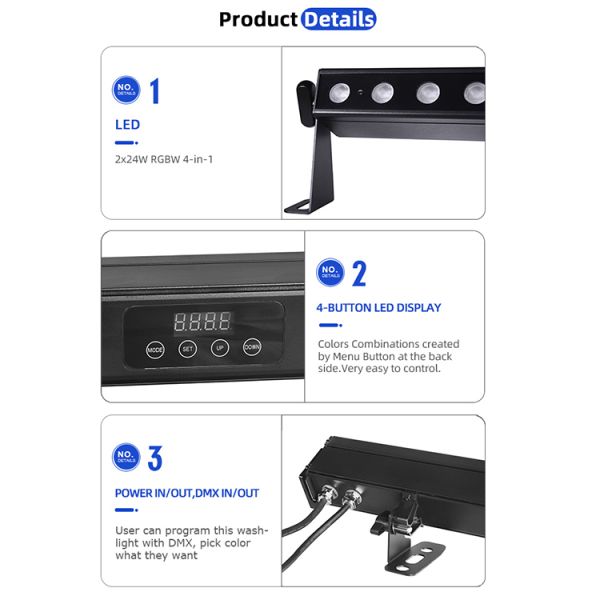 2x12W/24W RGBW 4-in-1 IP65 Battery Powered LED Wall Washer Bar — Cordless Wireless DMX512 Wash Light for Stage, Building & Events