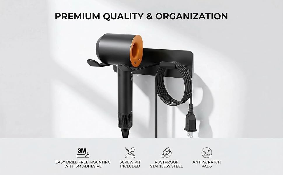 Hair Dryer Holder Wall Mount, Universal Hair Dryer Hanger for Bathroom/Bedroom/Barbershop, 304 Stainless Steel Organizer with 3M Adhesive, No Drilling Space Saver (Black)