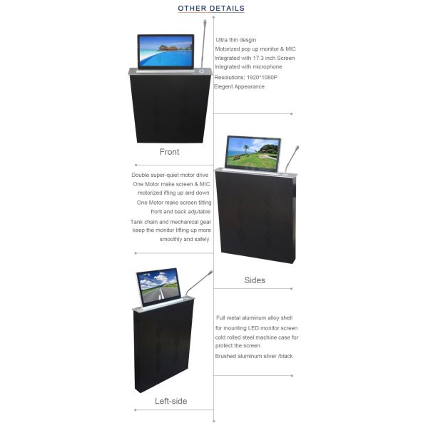 Conference Room Meeting Microphone Slim LCD Monitor Screen Motorized Lift 17.3 Inch 1080P Screen