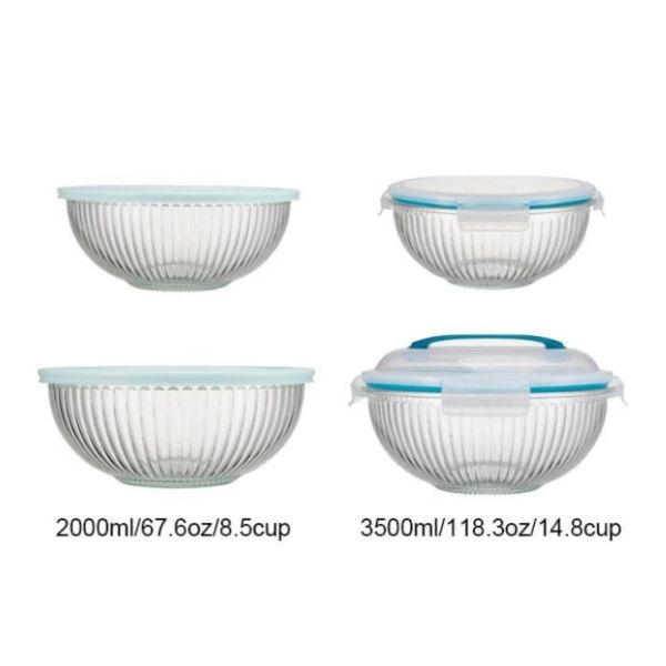 IKOO Striped High Borosilicate Glass Mixing Bowl 180ml-3500ml with PP Lock Lid