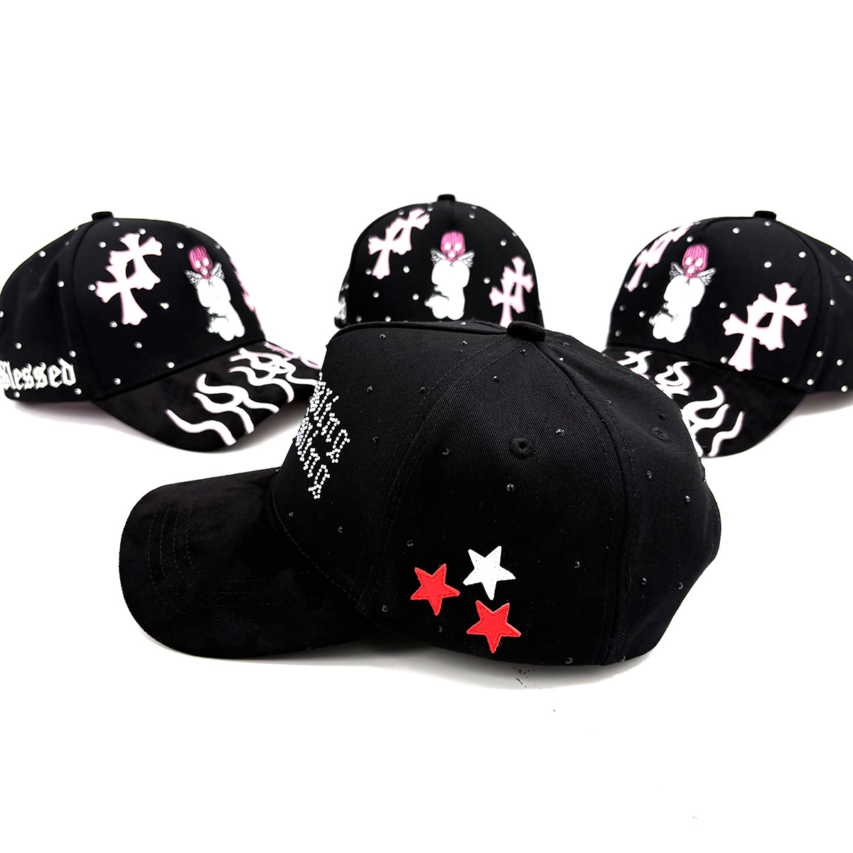 Suede Baseball Hat Satin Lined Embroidered Cotton 5 Panel Brim Rhinestone And Leather Stars