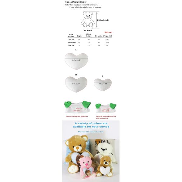 Custom Colorful Teddy Bear Sublimation Blank Printable Teddy Bear T-Shirt With Heart Pillow For Gifts Birthday Valentine'S Day