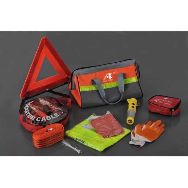 10 pcs auto emergency kit ,with trailer rope ,reflective vest ,raincoat ,hammer .