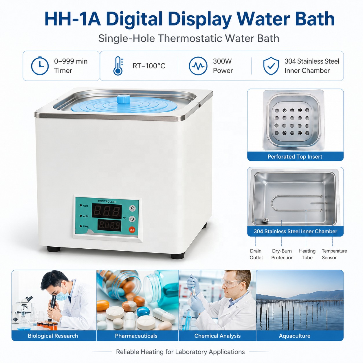 Cenlee Single Hole Digital Constant Temperature Water Bath 300W Lab Heating Tank for Sample Incubation and Testing