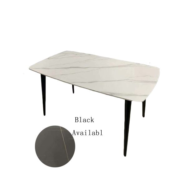 White Marble Dining Table With Angled And Black Powder Coated Steel Legs
