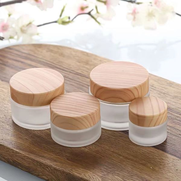 5g 10g 15g 30g 50g Empty Frosted Glass Cream Jars Cosmetic Natural Wood  Containers for Eye Cream Face Mask