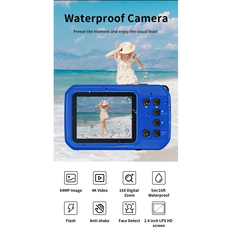 Retro Vintage  4K 64MP HD Waterproof Camera With IP68 5M Waterproof Auto Focus 16X Digital Zoom Underwater Camera for Snorkeling