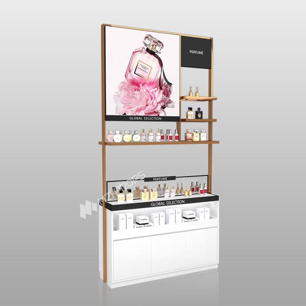 Perfume Display Showcase Platinum Wooden Showcase Cabinet With Light Box For Branding Cosmetic Store Shelf And Premium Display Furniture
