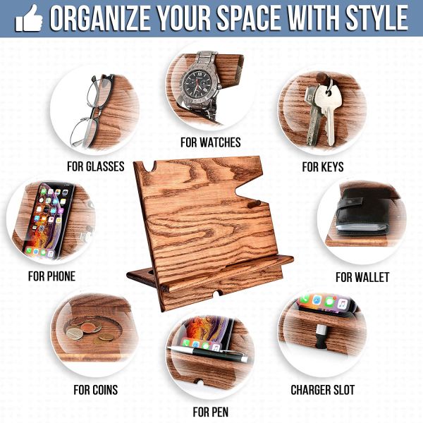 Téléphone portable porte-horloge Hommes Base mobile en bois Table de nuit Charge station d'amarrage Femmes accessoires Entreposage en bois