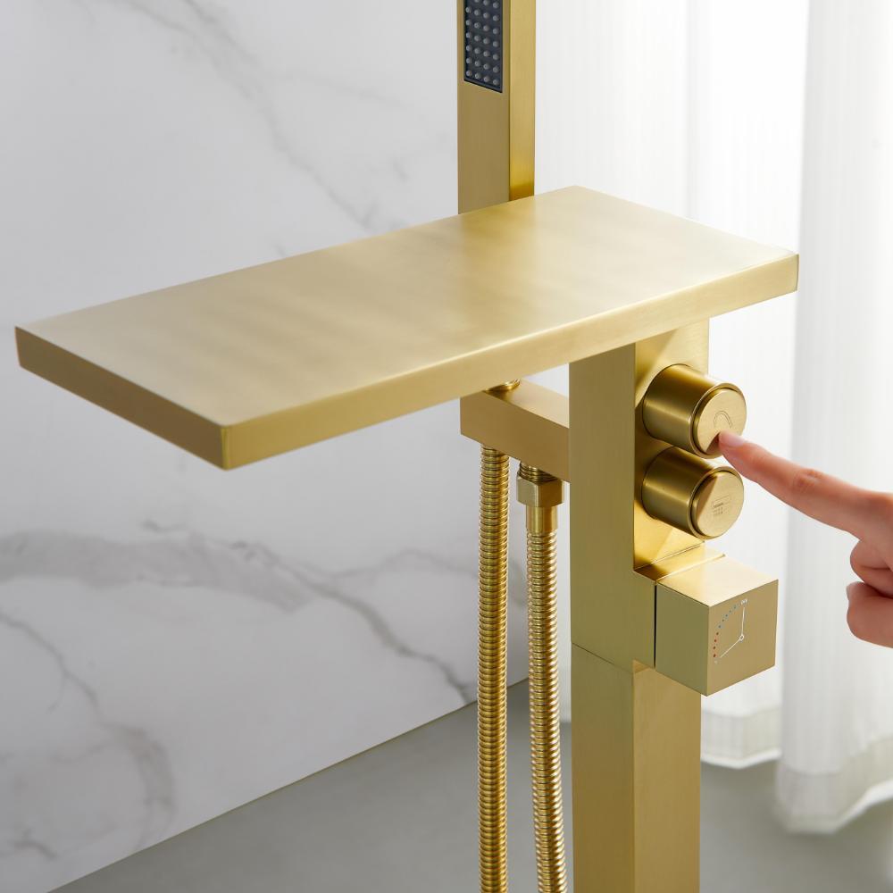 Modern Brushed Gold Freestanding Bathtub Faucet Solid Brass Waterfall Tub Filler with Handheld Shower bath sanitary ware