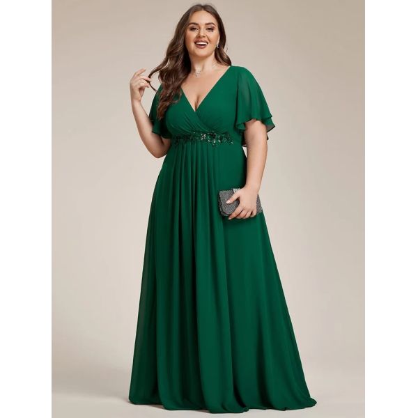 Empire Plus Size Applique Short Sleeve A-line V-neck Flutter Sleeves Invisible Zipper Navy Blue Chiffon Evening Dress