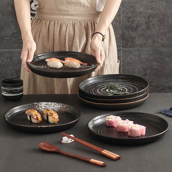 Screw Thread Black Porcelain Dinnerware Customized Logo Printable