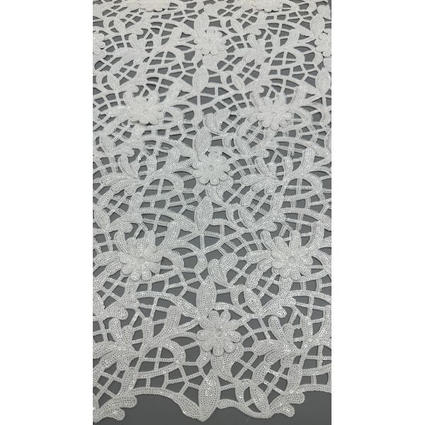 Tejido de encaje de ganchillo Sequin blanco Tejido de encaje bordado Hojas de lujo Tejido de boda de ocasión