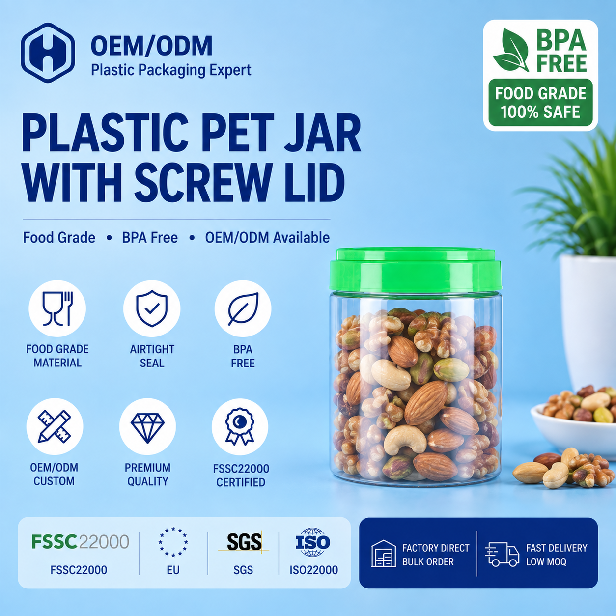 89 mm Screw Cap PET Jar for Trail Mix Nuts Seeds and Retail Snack Packaging