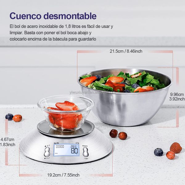 Escala de cocina digital de acero inoxidable de alta precisión 5 kg / 1g con tazón de masa de masa removible y batería de tiempo de habitación