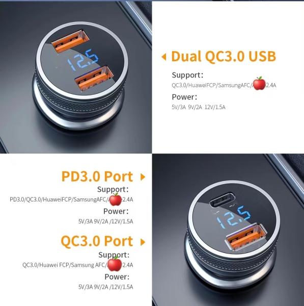Display LCD USB C PD Car Phone Charger PD QC3.0 Cargador rápido de 36 W
