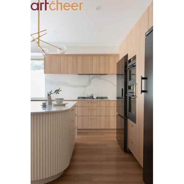 L Shape Kitchen Cabinet with Luxury Gold Handles Maple Veneer Finish and White Quartz Stone Table Top