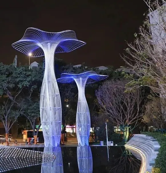 Abstract Illuminated Stainless Steel Tree Sculpture with Canopy for Building Creativity