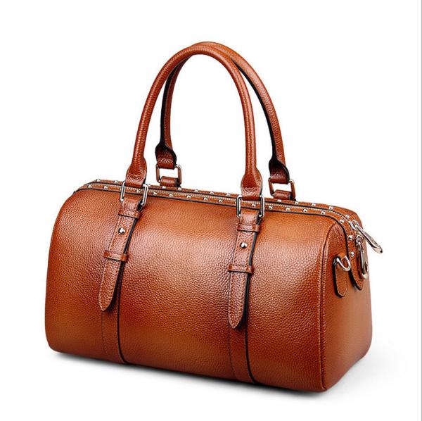 Genuine Leather Boston Bags for Women Brown Pillow Vintage Bags with Rivet Interior Slot Pocket