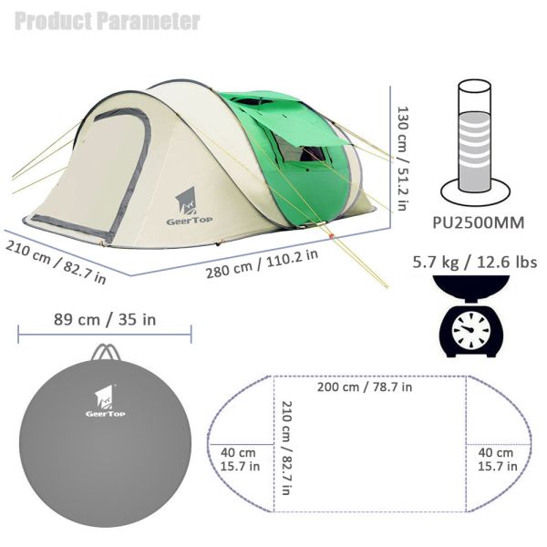 Outdoor 2 Doors Instant 6.8kg Pop Up Camping Tent