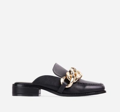 JBSL19 BLACK Womens Soft Bottom Slippers Smooth Leather With Big Chain