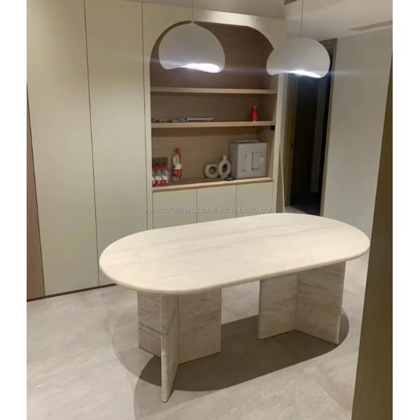 Polished Beige Round Travertine Dining Table Modern Stone Furniture for Living Room