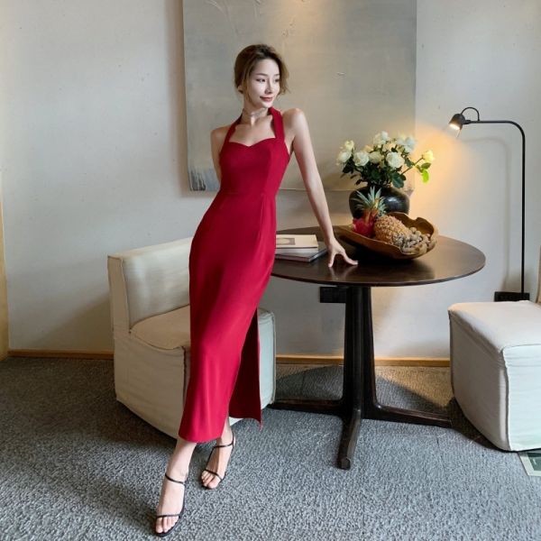 Backless Halter Neck Split Womens Vacation Dresses